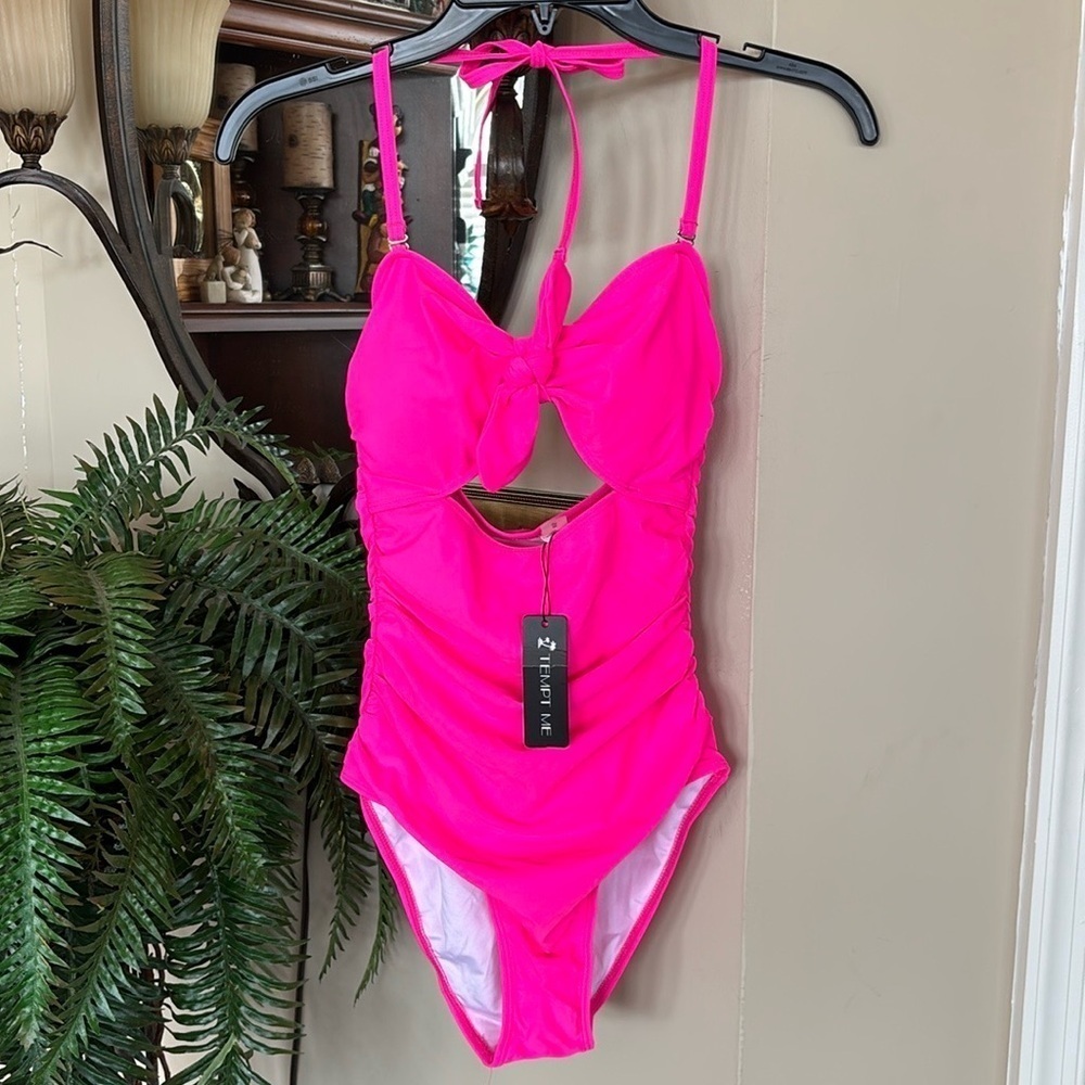 Brand New Tempt Me Hot Pink Tie Up Halter One-Piece Swimsuit Cutout Ruched Retro - Picture 5 of 16